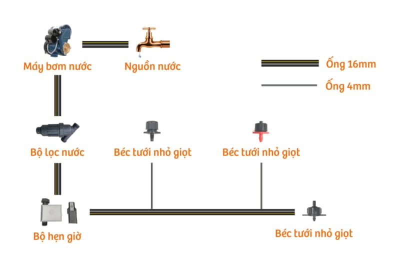 Sơ đồ hệ thống tưới nhỏ giọt cơ bản (Nguồn: Sưu tầm)